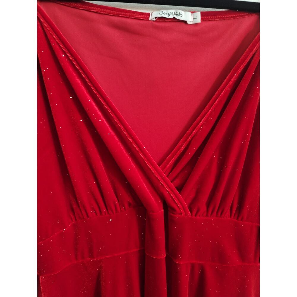 Women's Long Sleeve V-Neck Red Midi Dress Size L - Picture 2 of 3